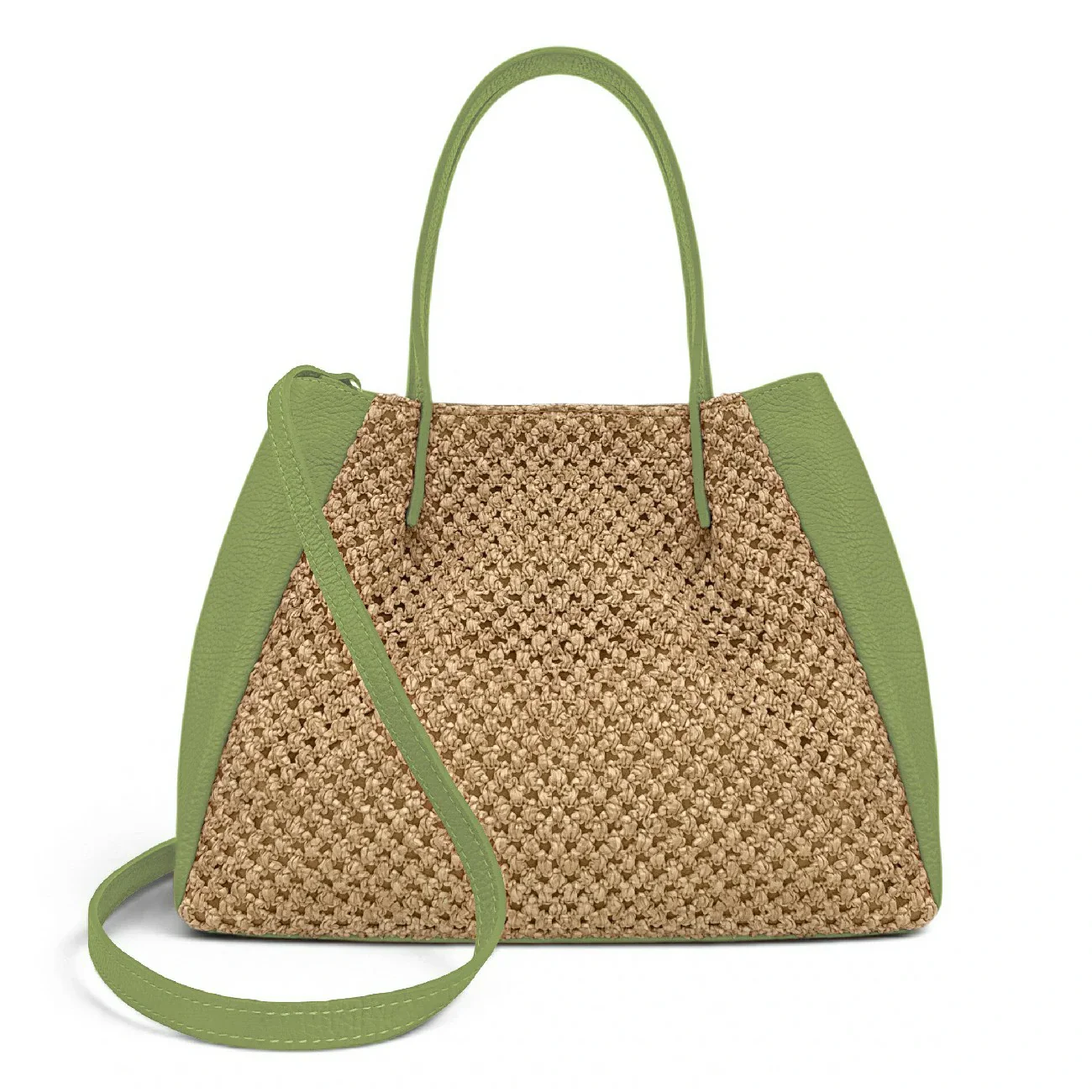 Sac cabas en cuir grainé et raphia OXANE Vert matcha latte - Image 4