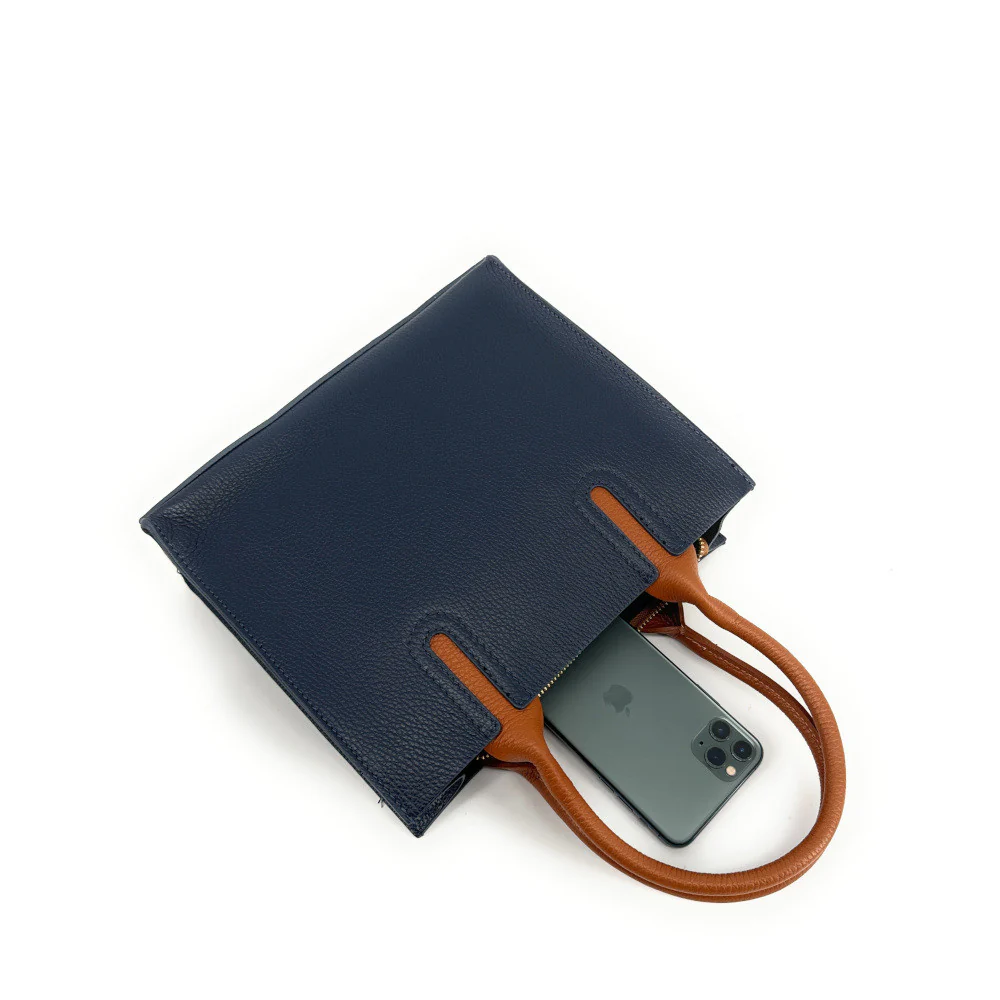 Sac cabas en cuir grainé VOLTAIRE Bleu marine - Image 3