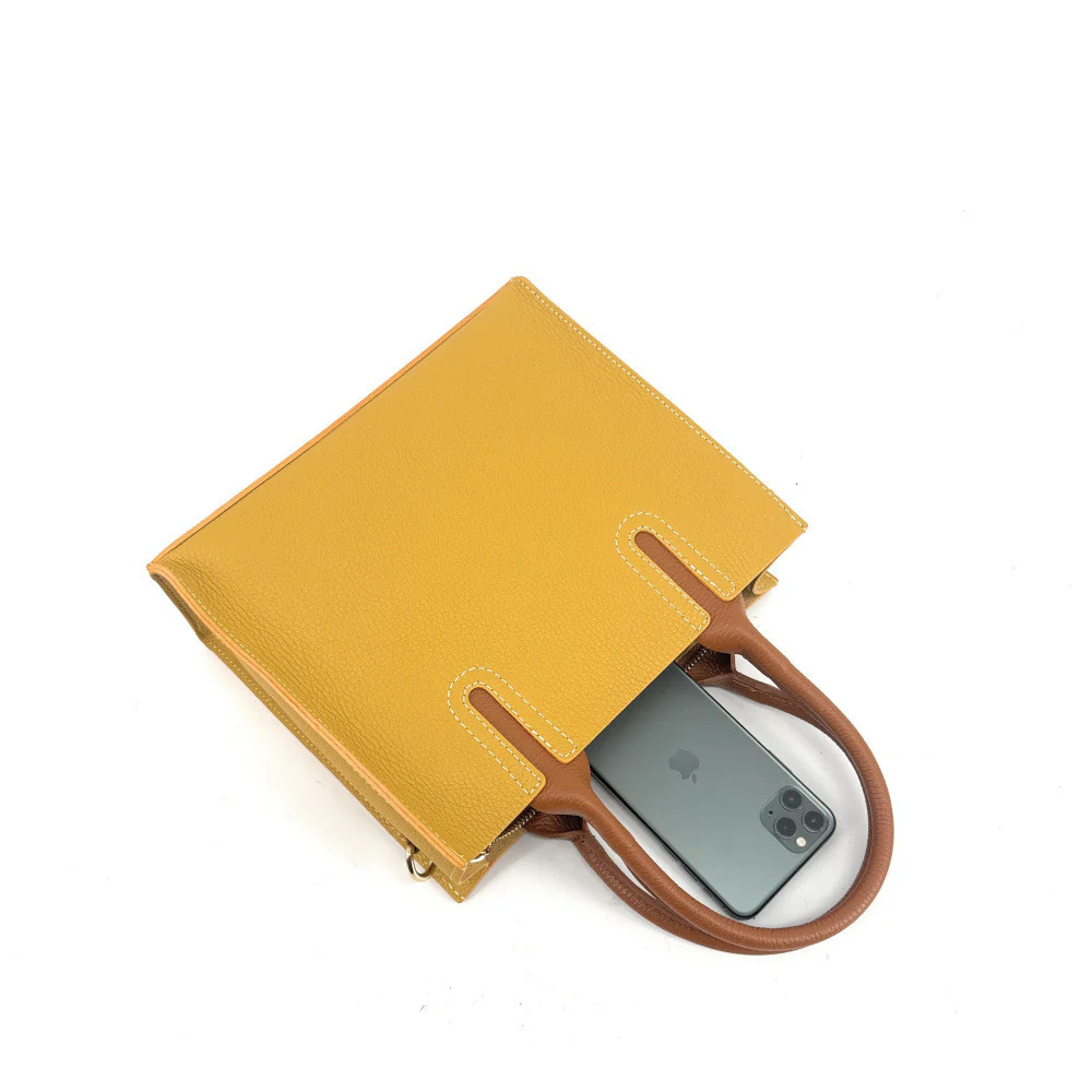 Sac cabas en cuir grainé VOLTAIRE Jaune Moutarde - Image 3