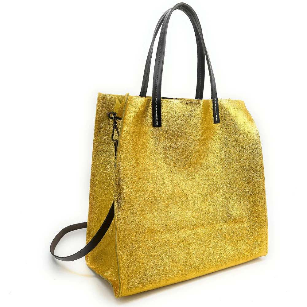 Sac cabas en cuir irisé SILVER Jaune Moutarde - Image 2
