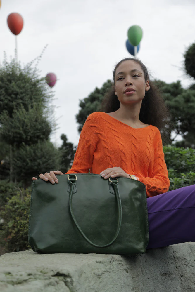 Grand sac cabas en cuir lisse GREENWICH Vert forêt - Image 2