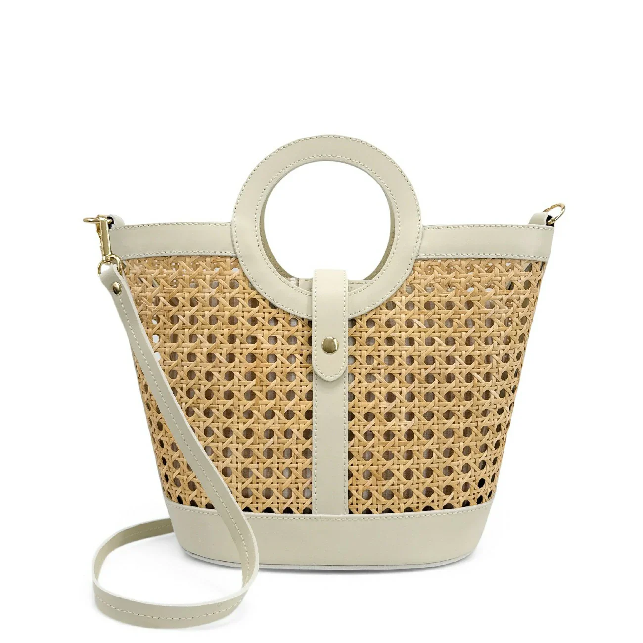 Sac cabas en cuir lisse et rotin ODINE Beige crème - Image 3