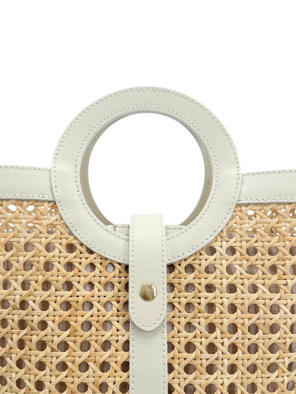 Sac cabas en cuir lisse et rotin ODINE Beige crème - Image 5