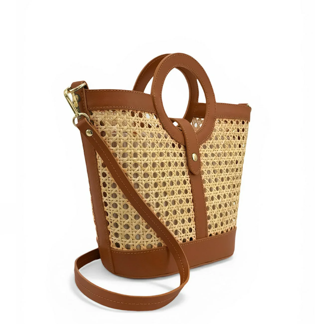 Sac cabas en cuir lisse et rotin ODINE Marron camel foncé - Image 2