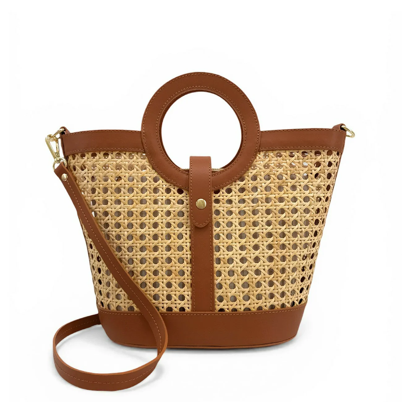 Sac cabas en cuir lisse et rotin ODINE Marron camel foncé - Image 3