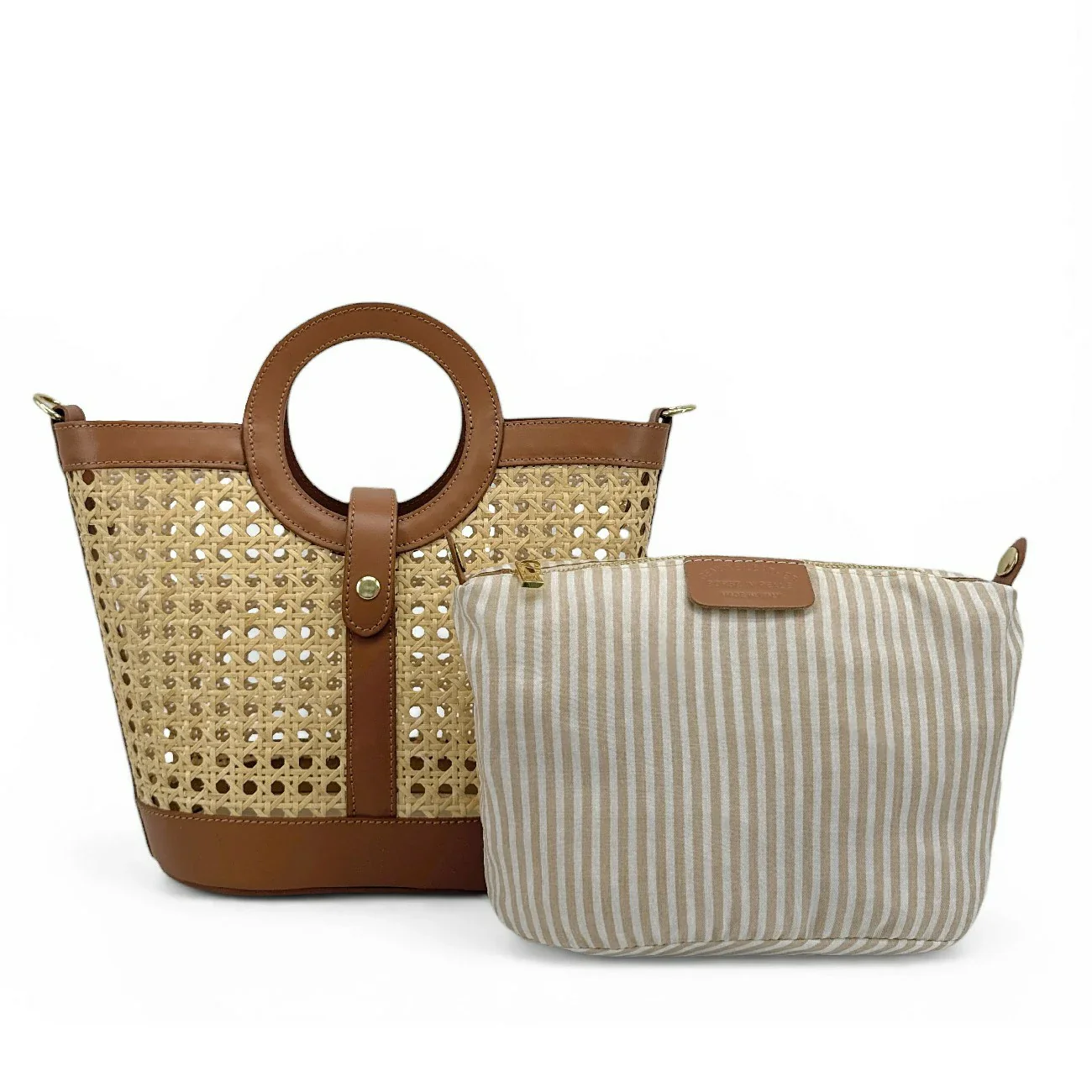 Sac cabas en cuir lisse et rotin ODINE Marron camel foncé - Image 4