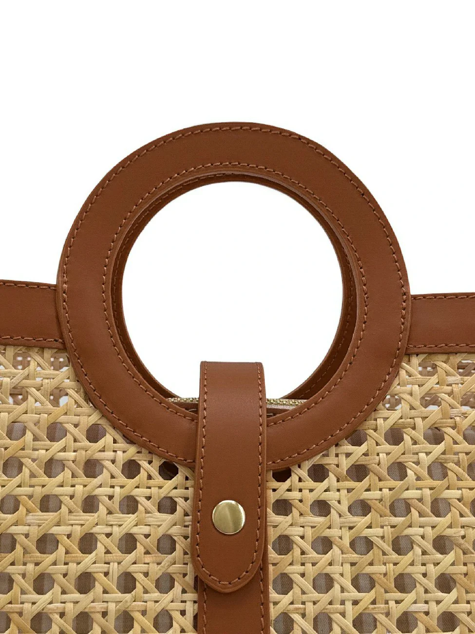 Sac cabas en cuir lisse et rotin ODINE Marron camel foncé - Image 5