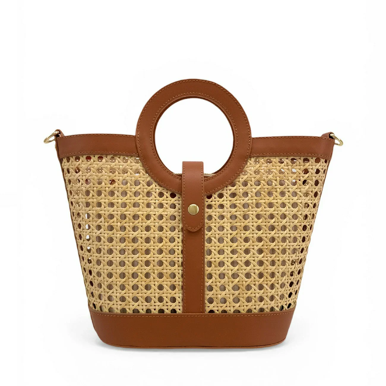 Sac cabas en cuir lisse et rotin ODINE Marron camel foncé - Image 7