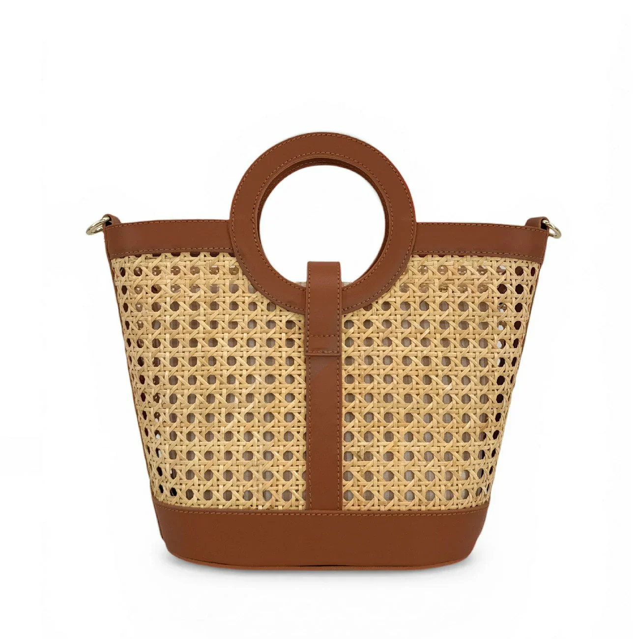 Sac cabas en cuir lisse et rotin ODINE Marron camel foncé - Image 8
