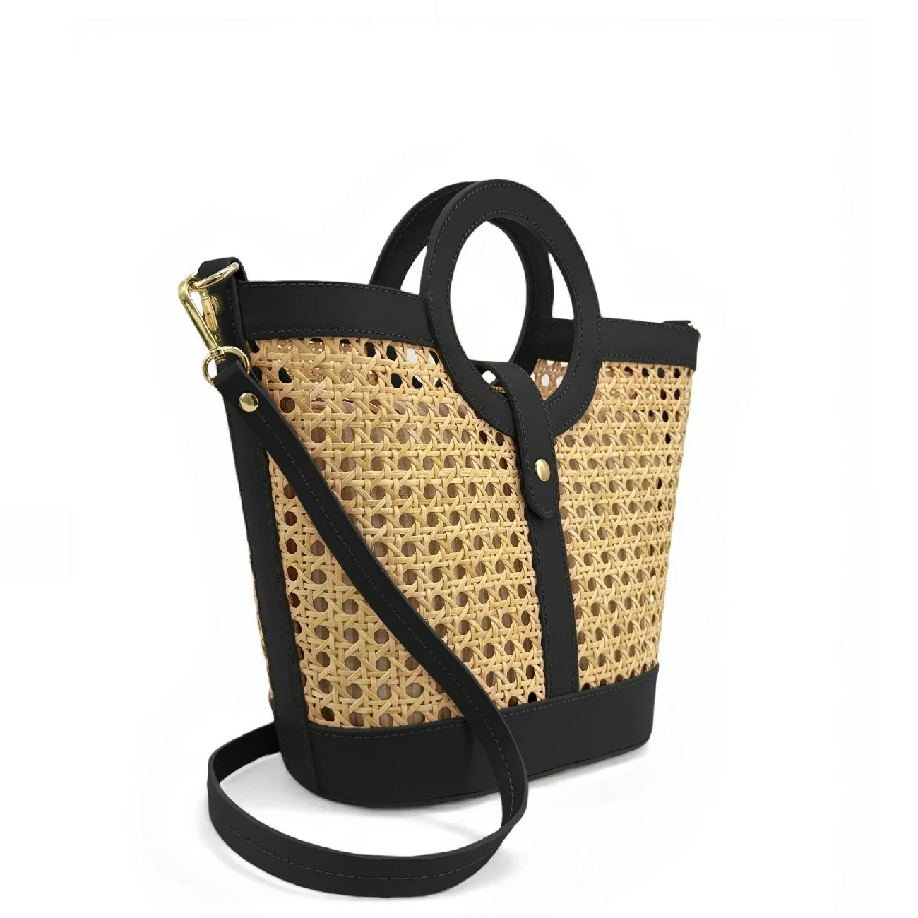 Sac cabas en cuir lisse et rotin ODINE Noir - Image 2
