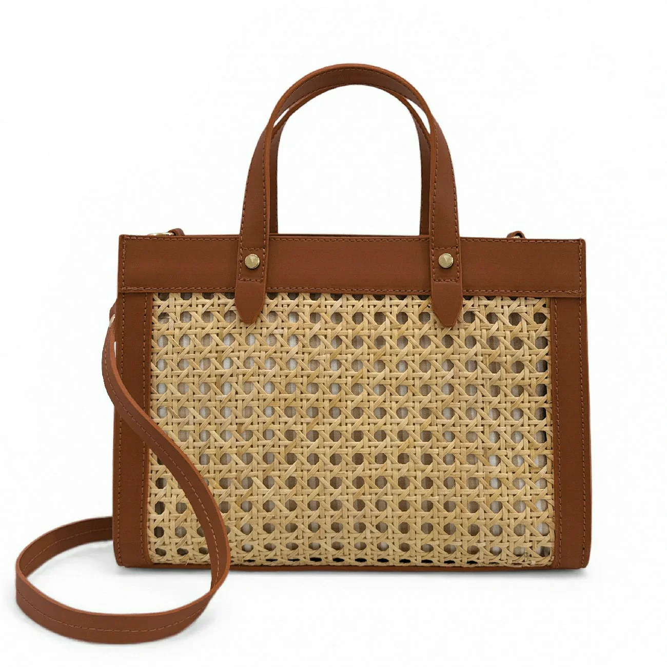 Sac cabas en cuir lisse et rotin THEOLINE Marron camel foncé - Image 3