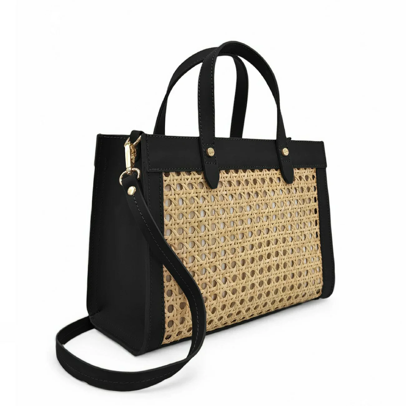 Sac cabas en cuir lisse et rotin THEOLINE Noir - Image 2