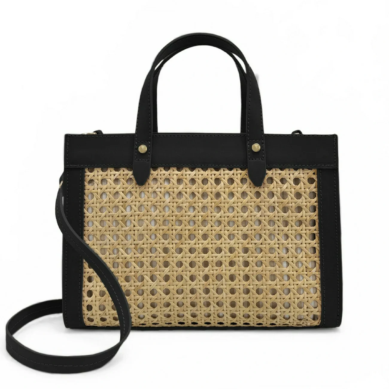 Sac cabas en cuir lisse et rotin THEOLINE Noir - Image 3