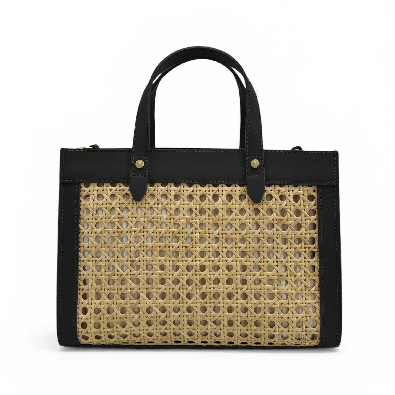Sac cabas en cuir lisse et rotin THEOLINE Noir - Image 4
