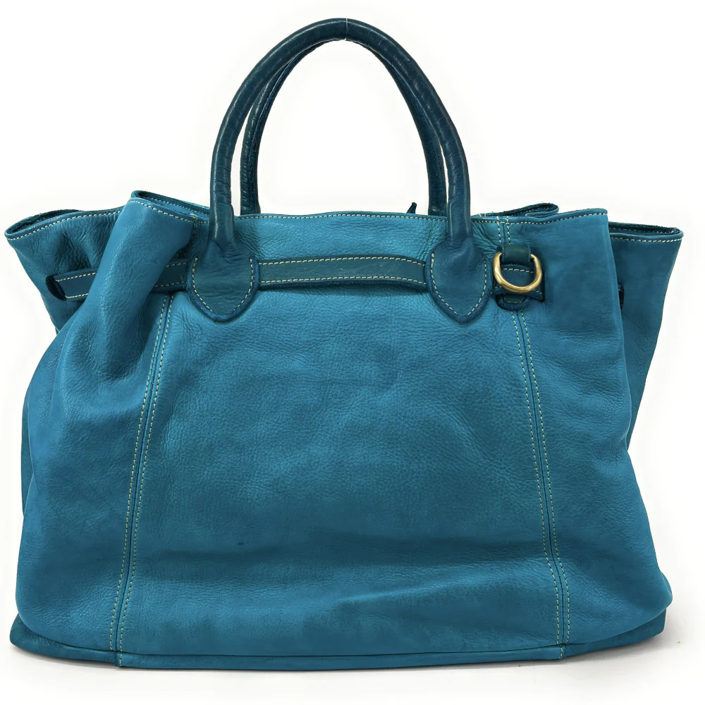 Grand sac cabas en cuir souple tannage végétal DEMETER Bleu vert canard - Image 3