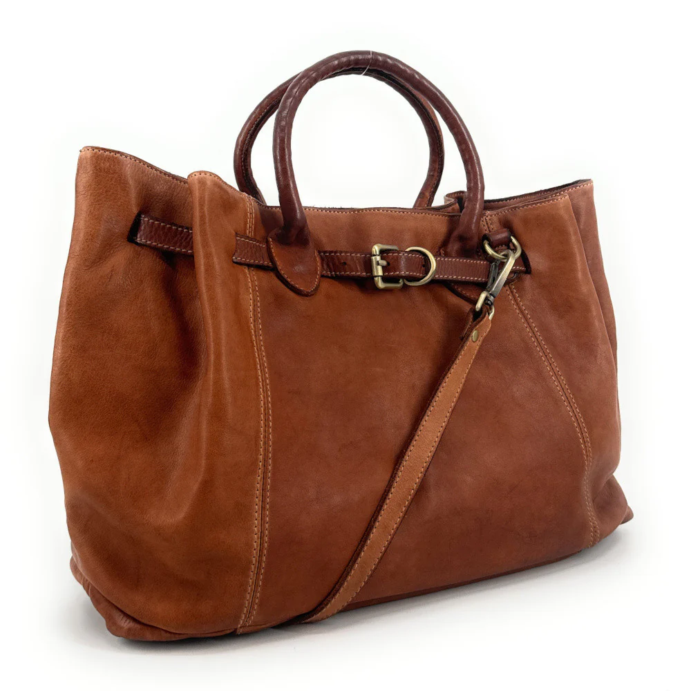 Grand sac cabas en cuir souple tannage végétal DEMETER Camel foncé - Image 2