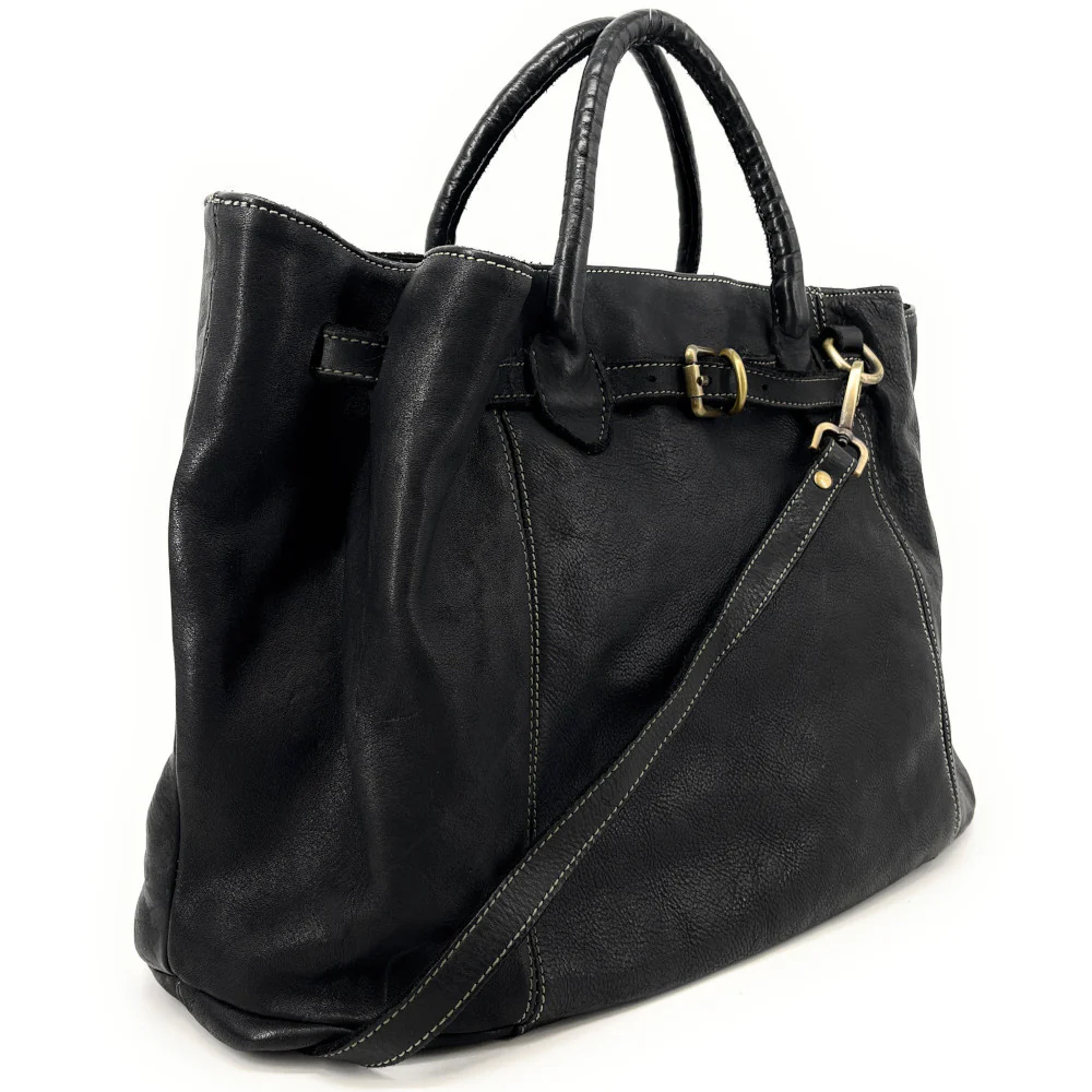 Grand sac cabas en cuir souple tannage végétal DEMETER Noir - Image 3