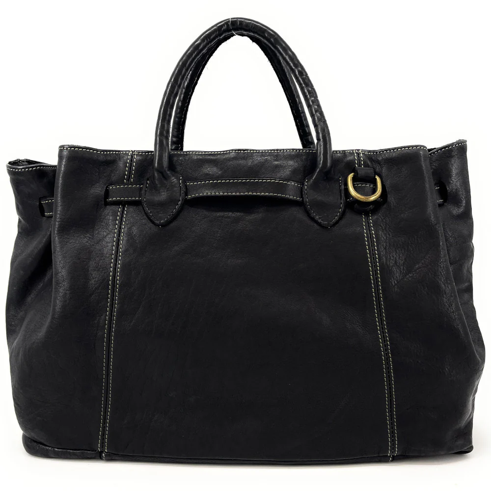 Grand sac cabas en cuir souple tannage végétal DEMETER Noir - Image 4