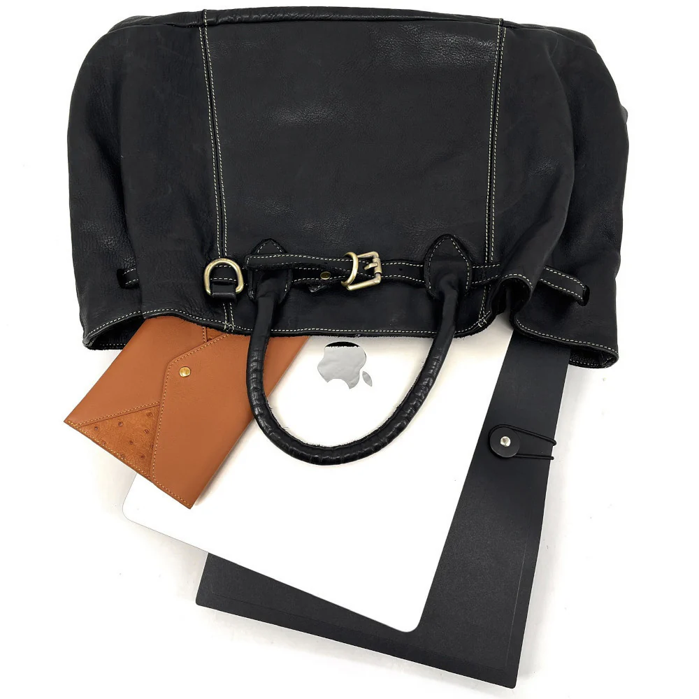 Grand sac cabas en cuir souple tannage végétal DEMETER Noir - Image 5