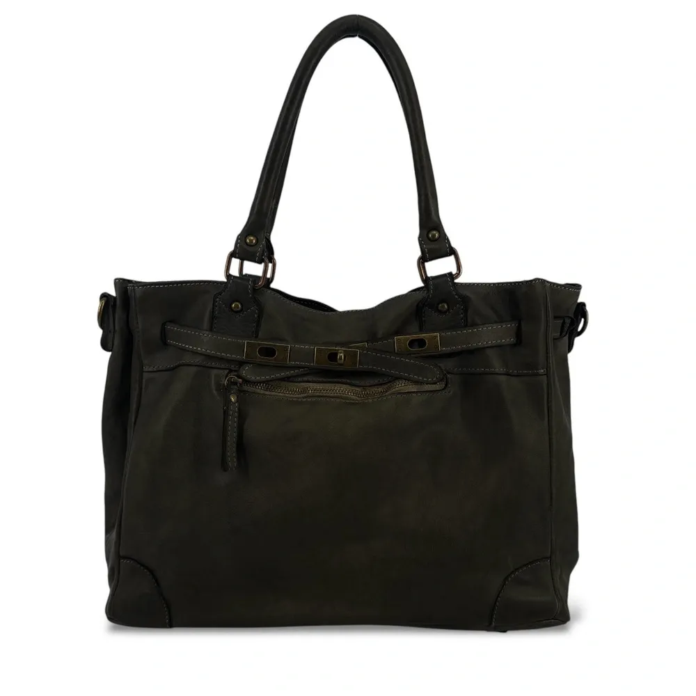Sac cabas en cuir vintage MISS JEANNE Kaki foncé
