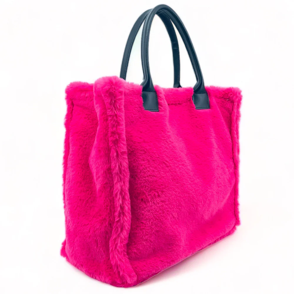 Sac cabas en fausse fourrure et cuir PILLOW Rose fuchsia - Image 2