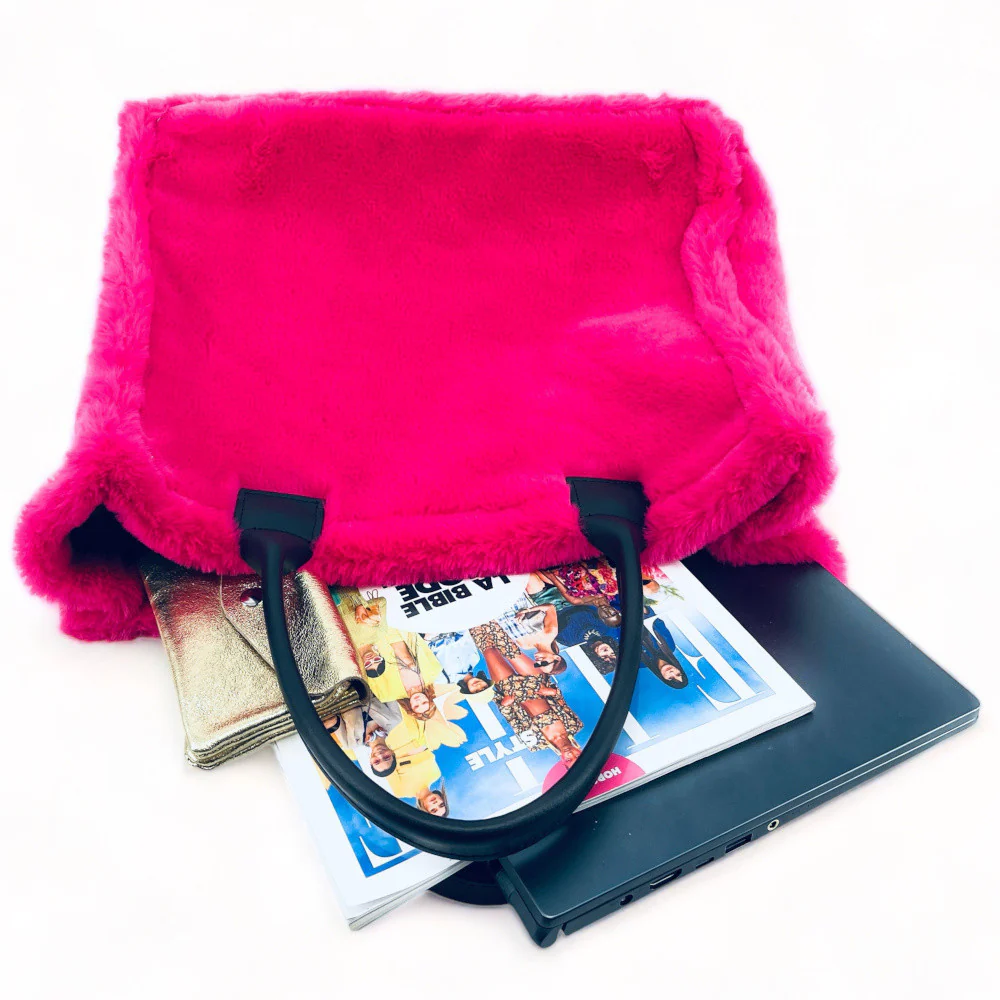 Sac cabas en fausse fourrure et cuir PILLOW Rose fuchsia - Image 3