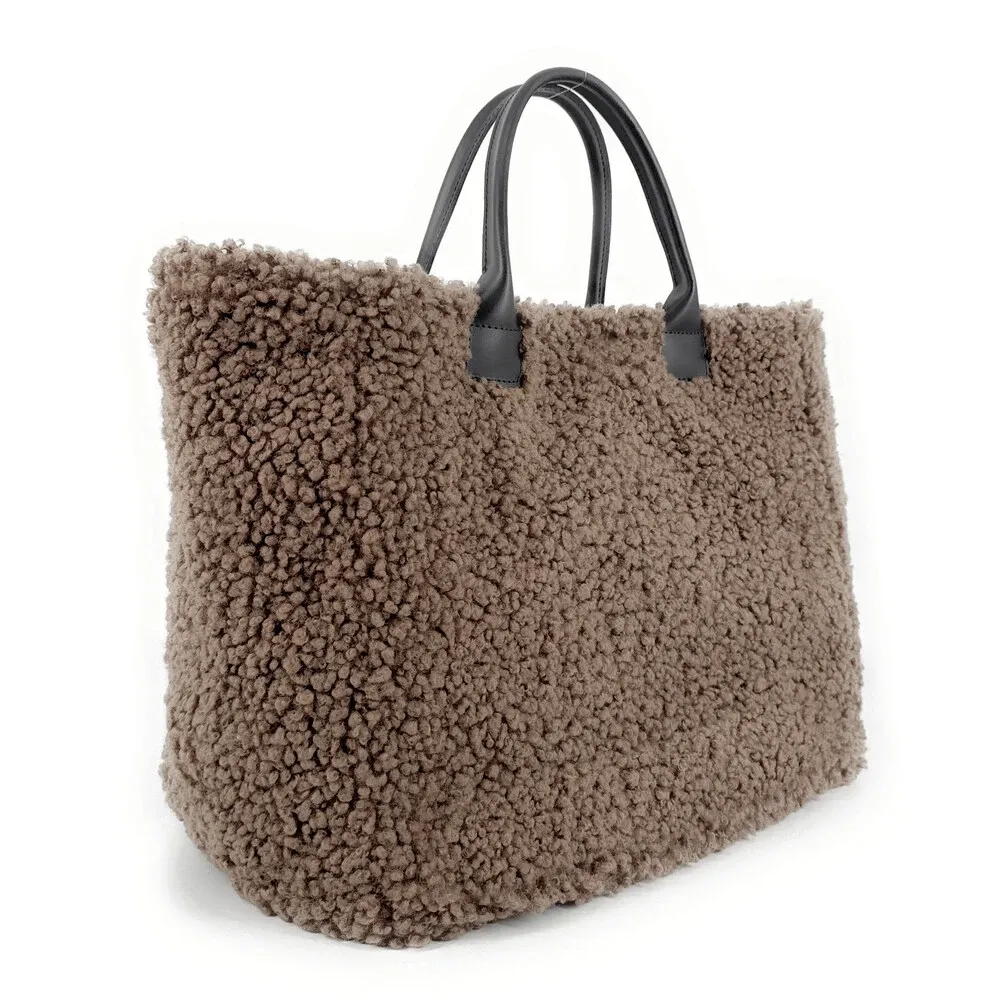 Sac cabas en cuir et peluche GRAND PILOU Taupe foncé - Image 2