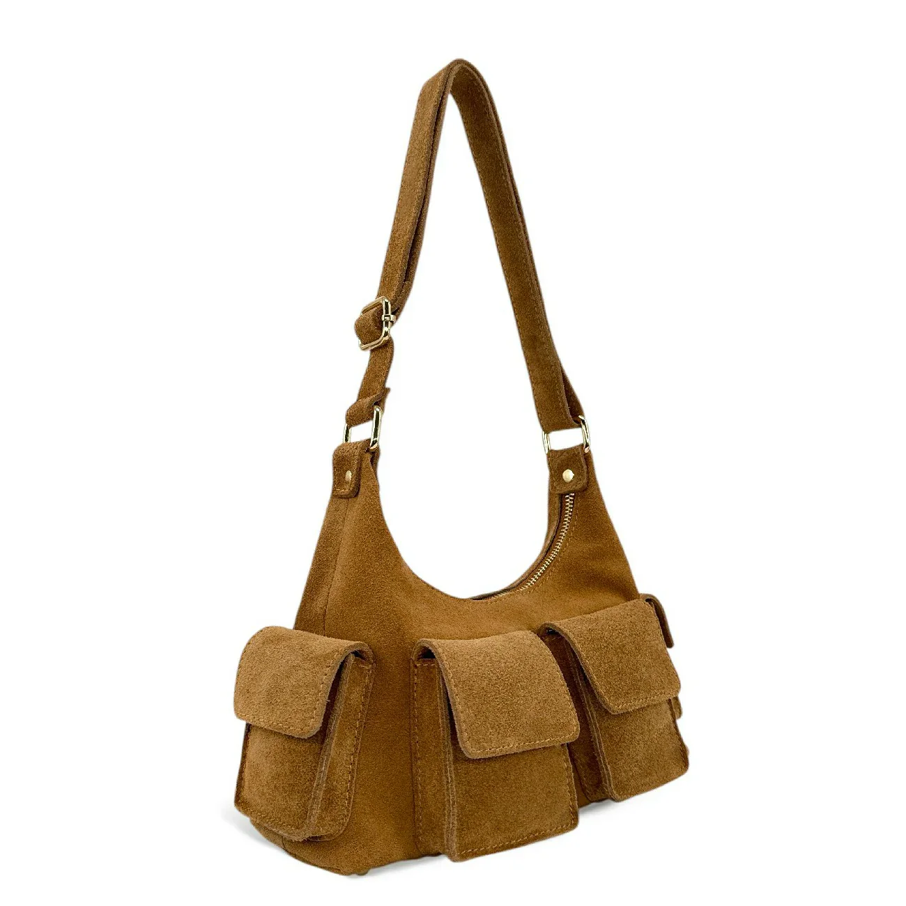 Sac cargo multipoches en daim LARA Camel foncé - Image 2