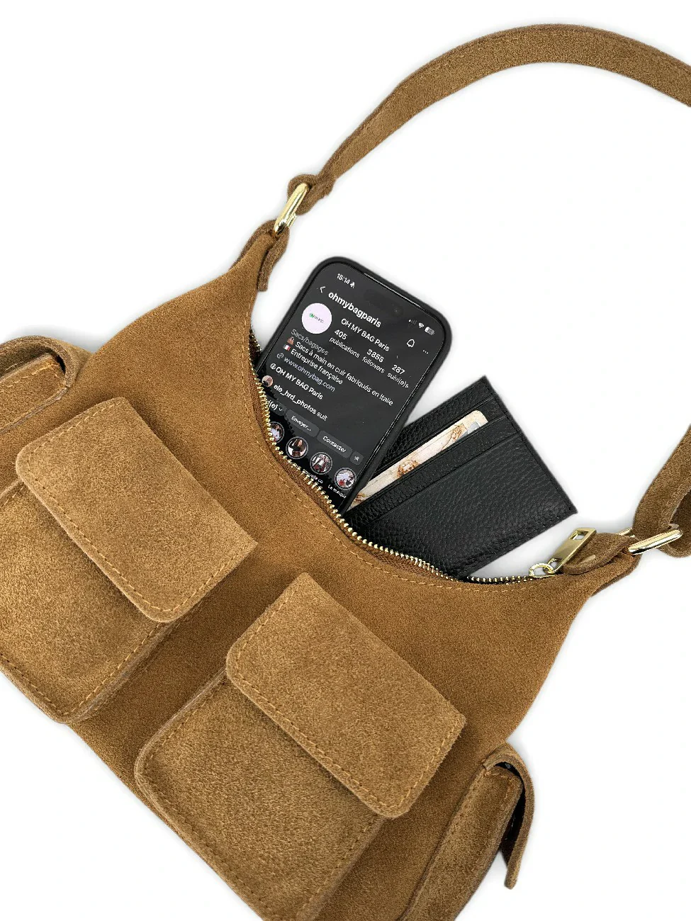 Sac cargo multipoches en daim LARA Camel foncé - Image 4