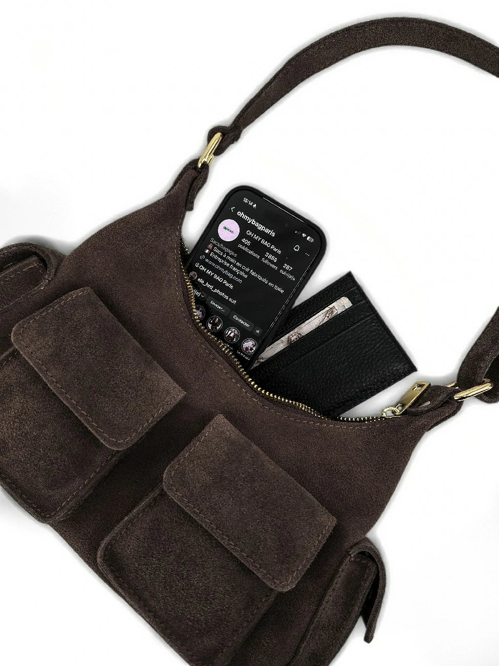 Sac cargo multipoches en daim LARA Chocolat - Image 4
