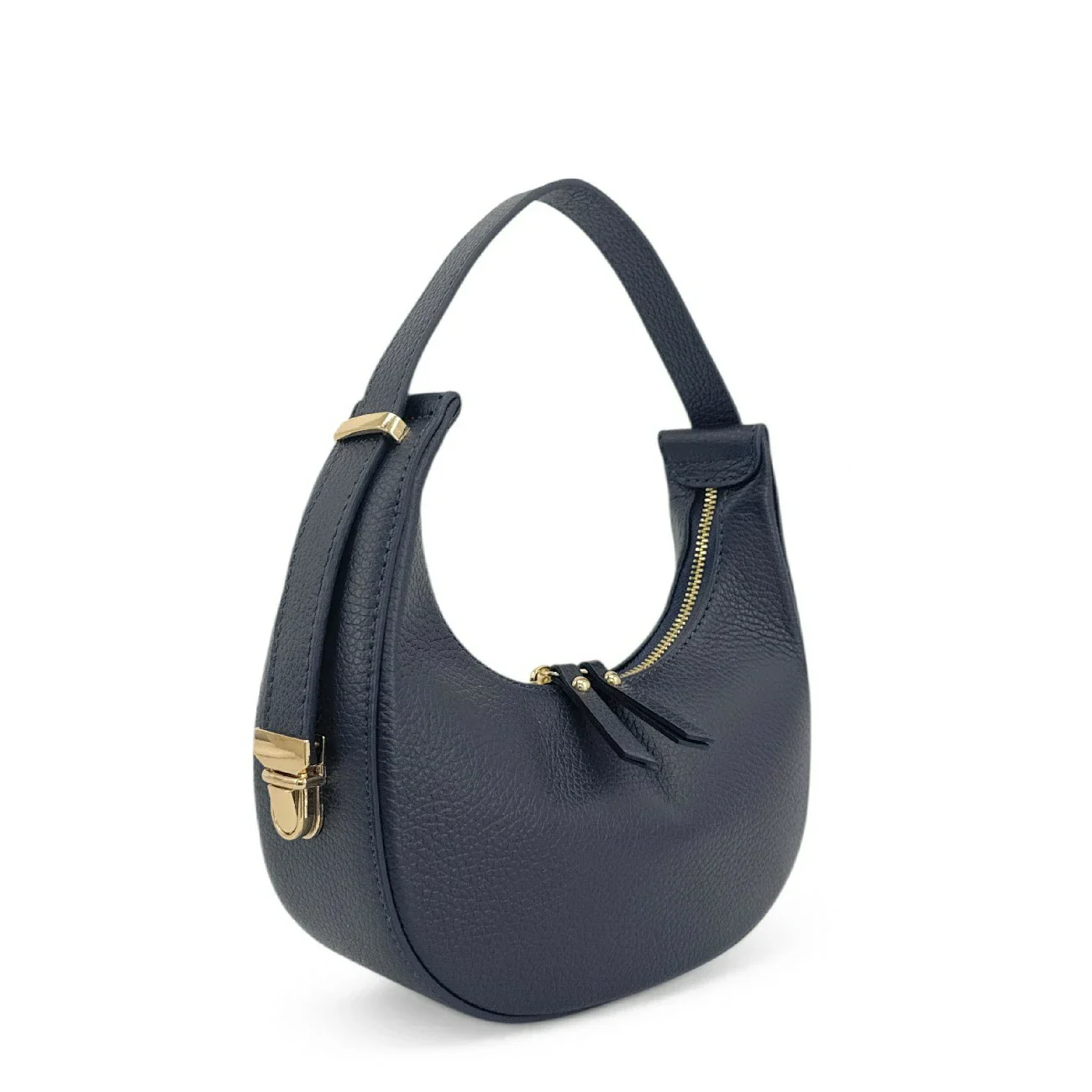 Sac demi-lune en cuir grainé SILOE Bleu marine - Image 2