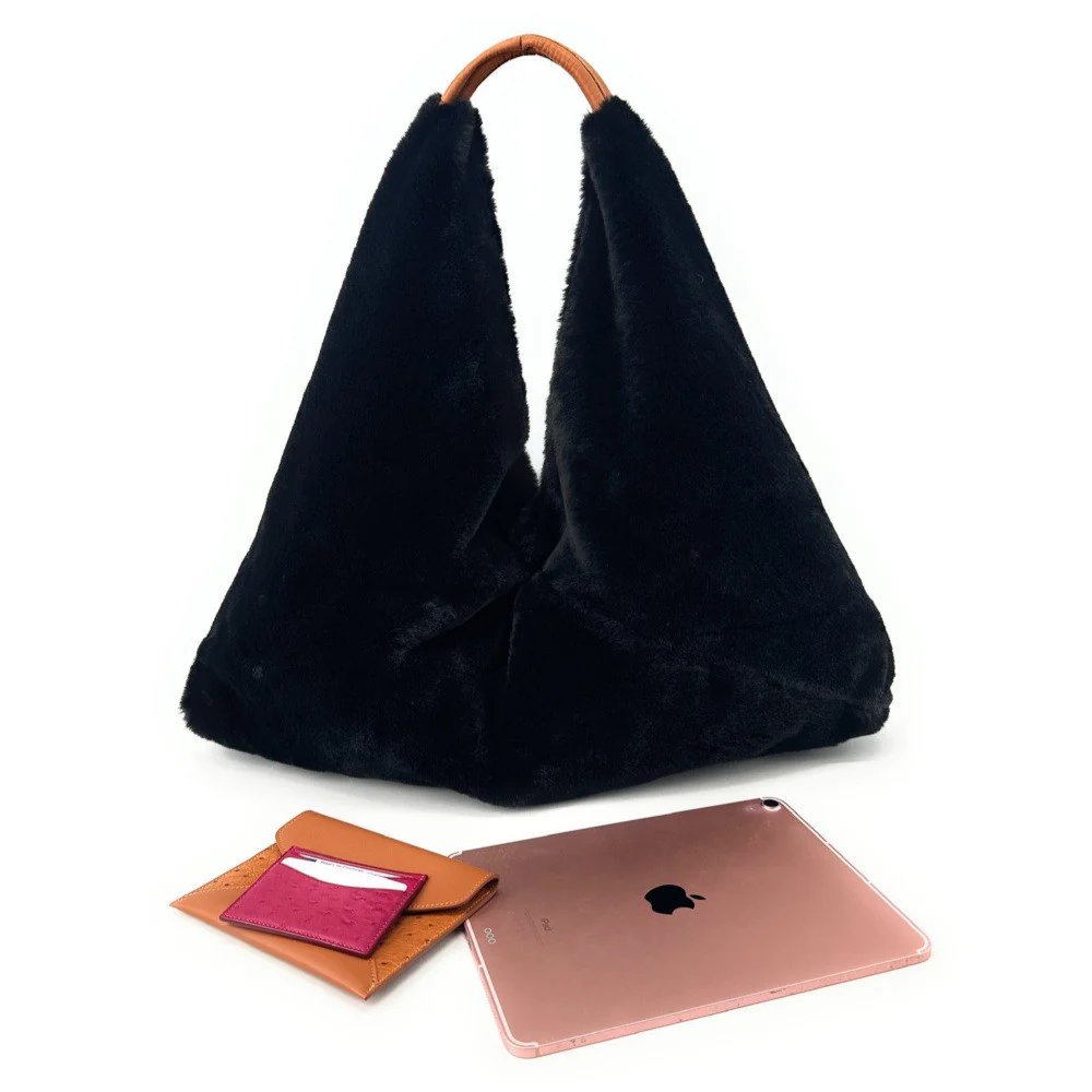 Grand sac hobo en fausse fourrure et cuir FLUFFY Noir - Image 3