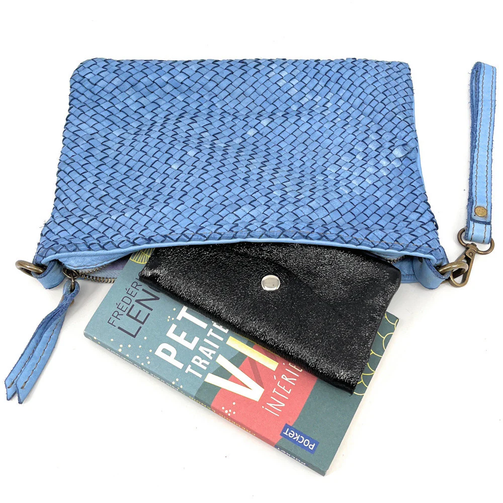 Sac pochette à bandoulière en cuir tressé MISS JOE Bleu céleste - Image 6