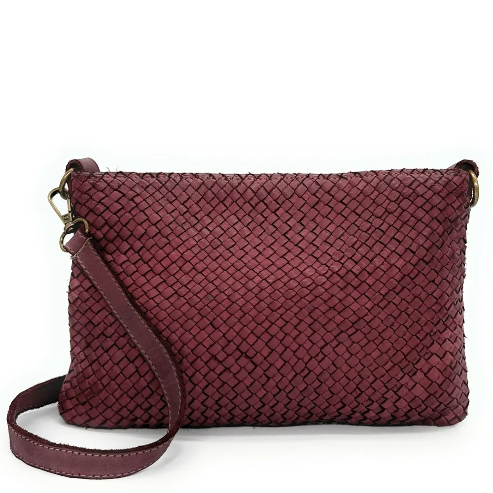 Sac pochette à bandoulière en cuir tressé MISS JOE Bordeaux - Image 4