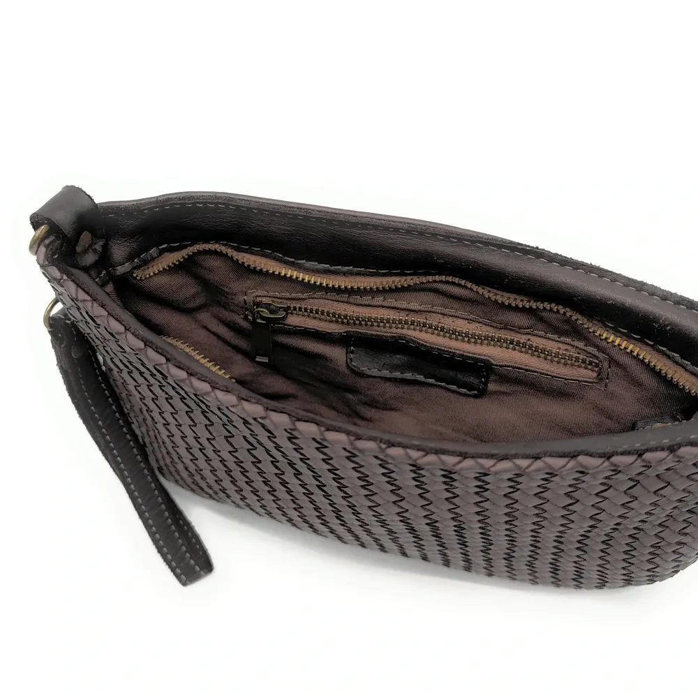 Sac pochette à bandoulière en cuir tressé MISS JOE Chocolat - Image 6