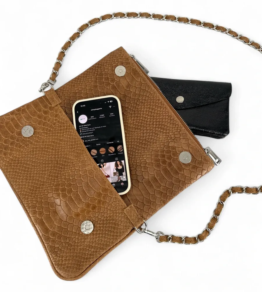 Sac pochette en cuir embossé ROXANE PYTHON Camel - Image 6
