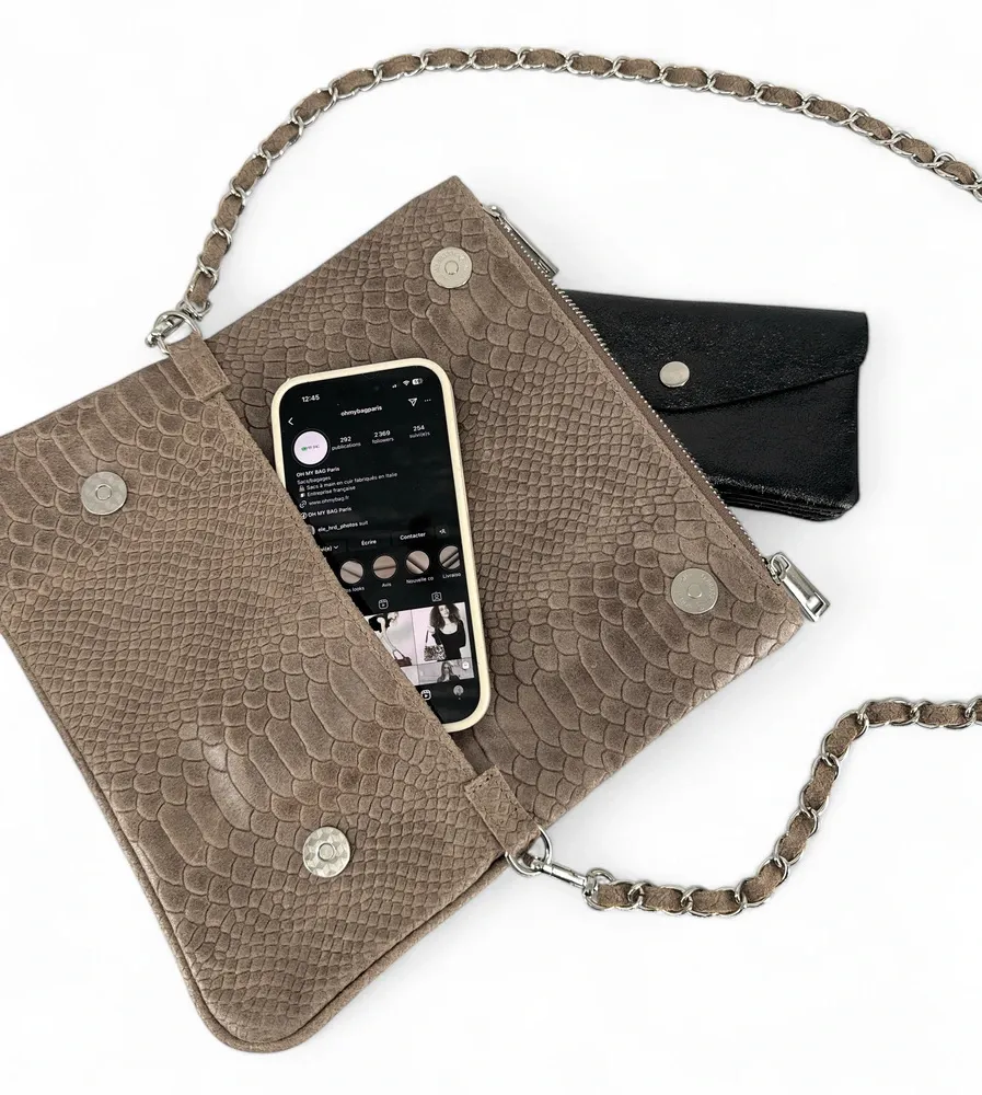 Sac pochette en cuir embossé ROXANE PYTHON Taupe - Image 3