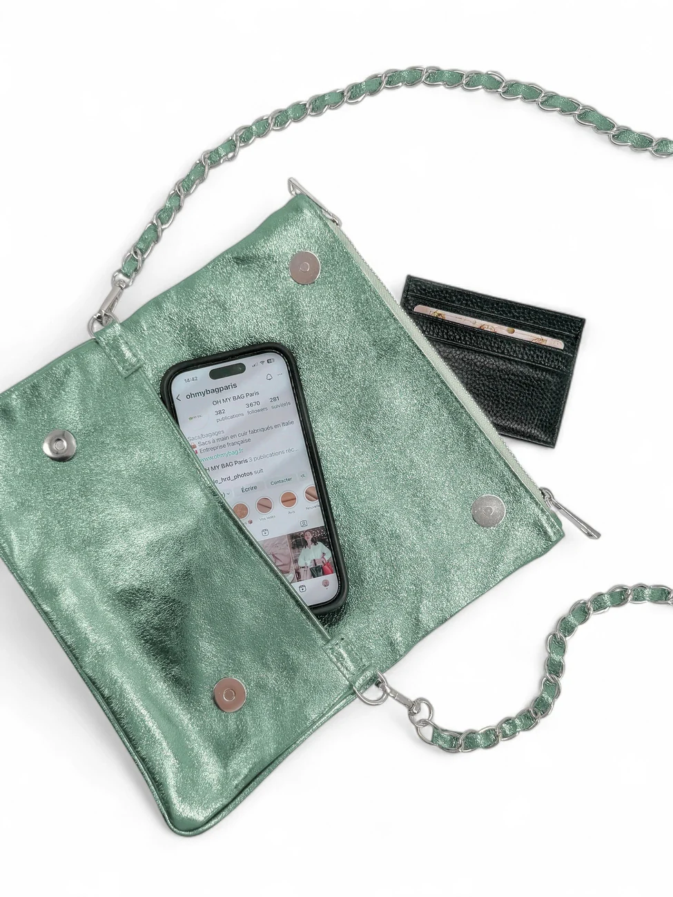 Sac pochette en cuir irisé ROXANE Menthe givrée - Image 7