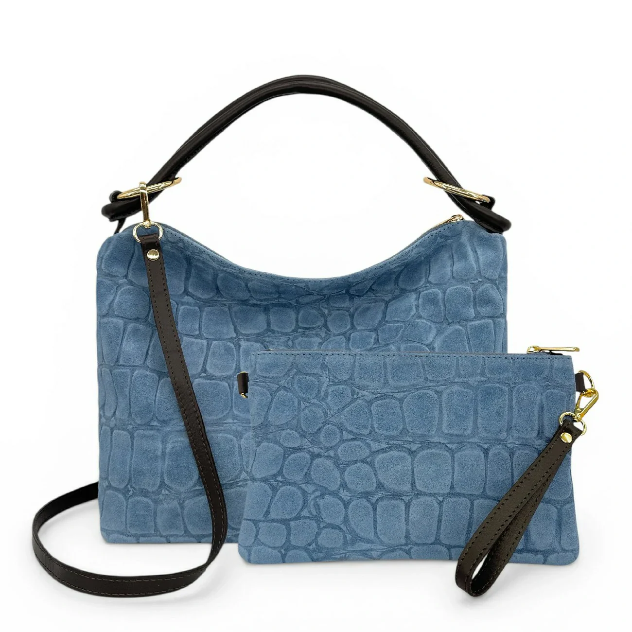 Sac pochette en daim embossé crocodile ZELINE Bleu denim - Image 10