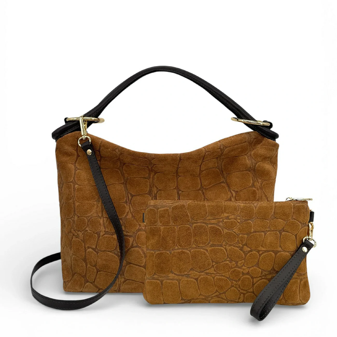 Sac pochette en daim embossé crocodile ZELINE Marron camel foncé - Image 10