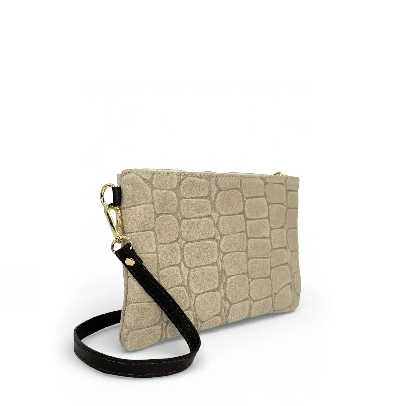 Sac pochette en daim embossé crocodile ZELINE Taupe clair - Image 2