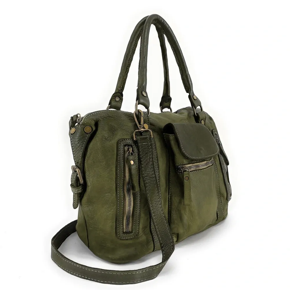 Sac porté épaule en cuir vintage MISS MY Kaki - Image 2