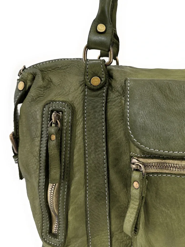 Sac porté épaule en cuir vintage MISS MY Kaki - Image 4