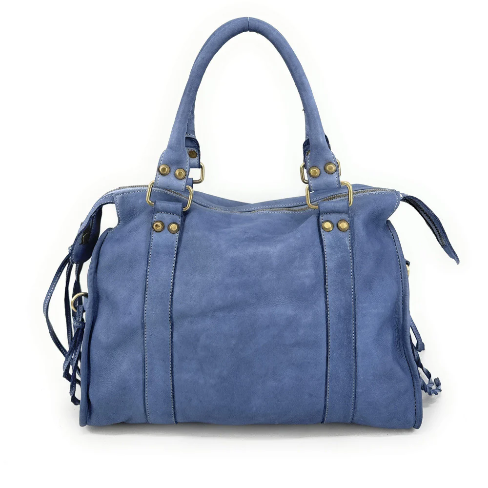 Grand sac porté épaule en cuir vintage STORM XL HURRICAN Bleu denim - Image 3