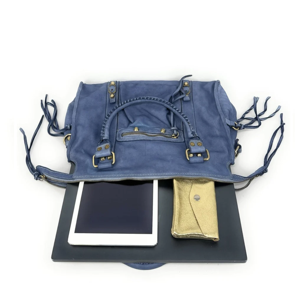 Grand sac porté épaule en cuir vintage STORM XL HURRICAN Bleu denim - Image 4