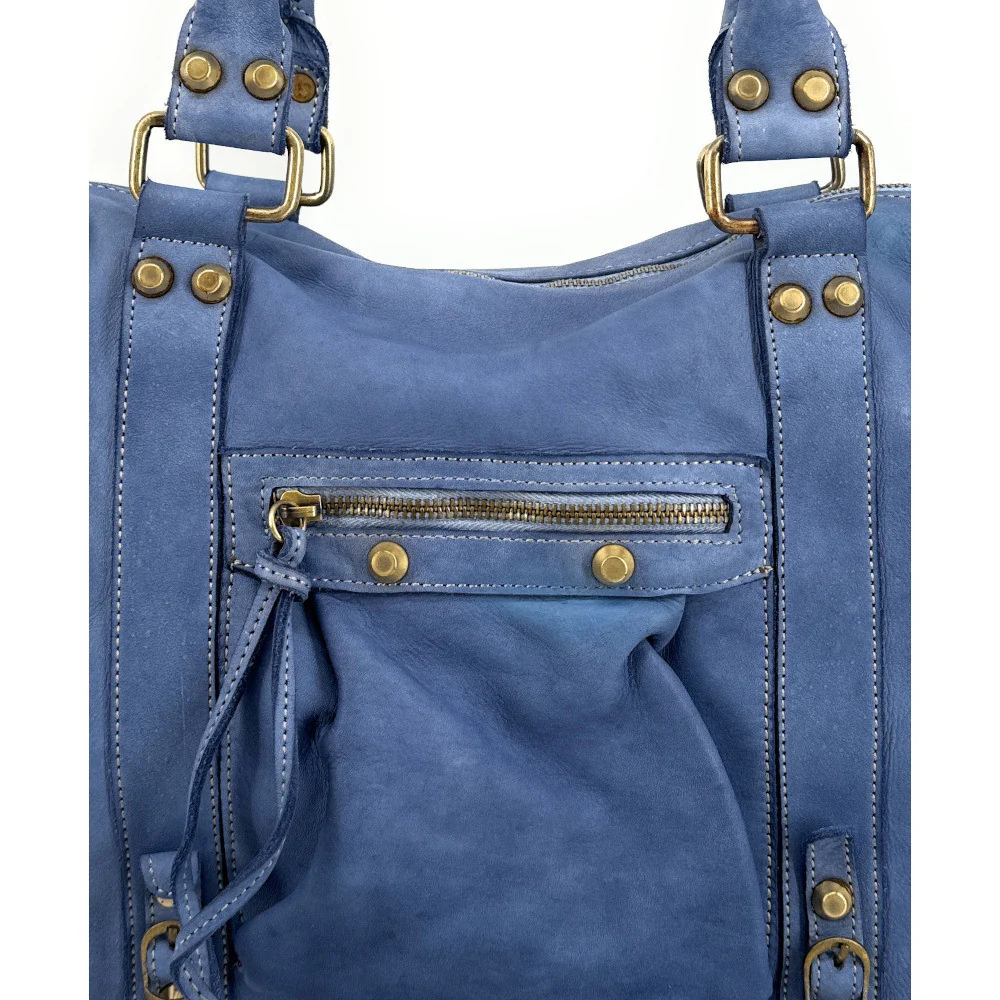 Grand sac porté épaule en cuir vintage STORM XL HURRICAN Bleu denim - Image 5