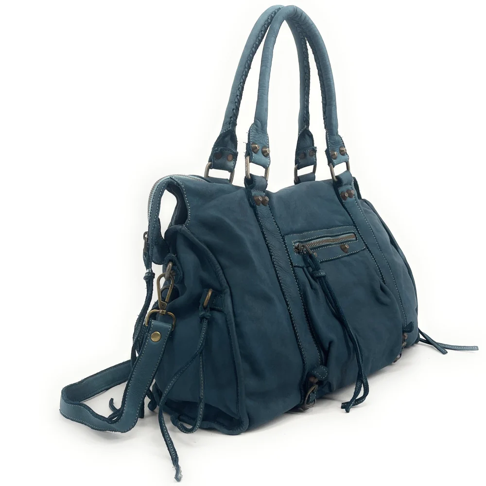 Grand sac porté épaule en cuir vintage STORM XL HURRICAN Bleu vert canard - Image 3