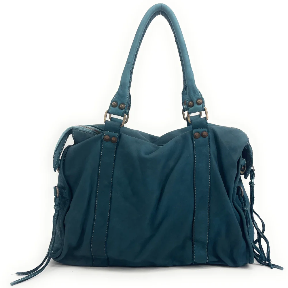 Grand sac porté épaule en cuir vintage STORM XL HURRICAN Bleu vert canard - Image 4