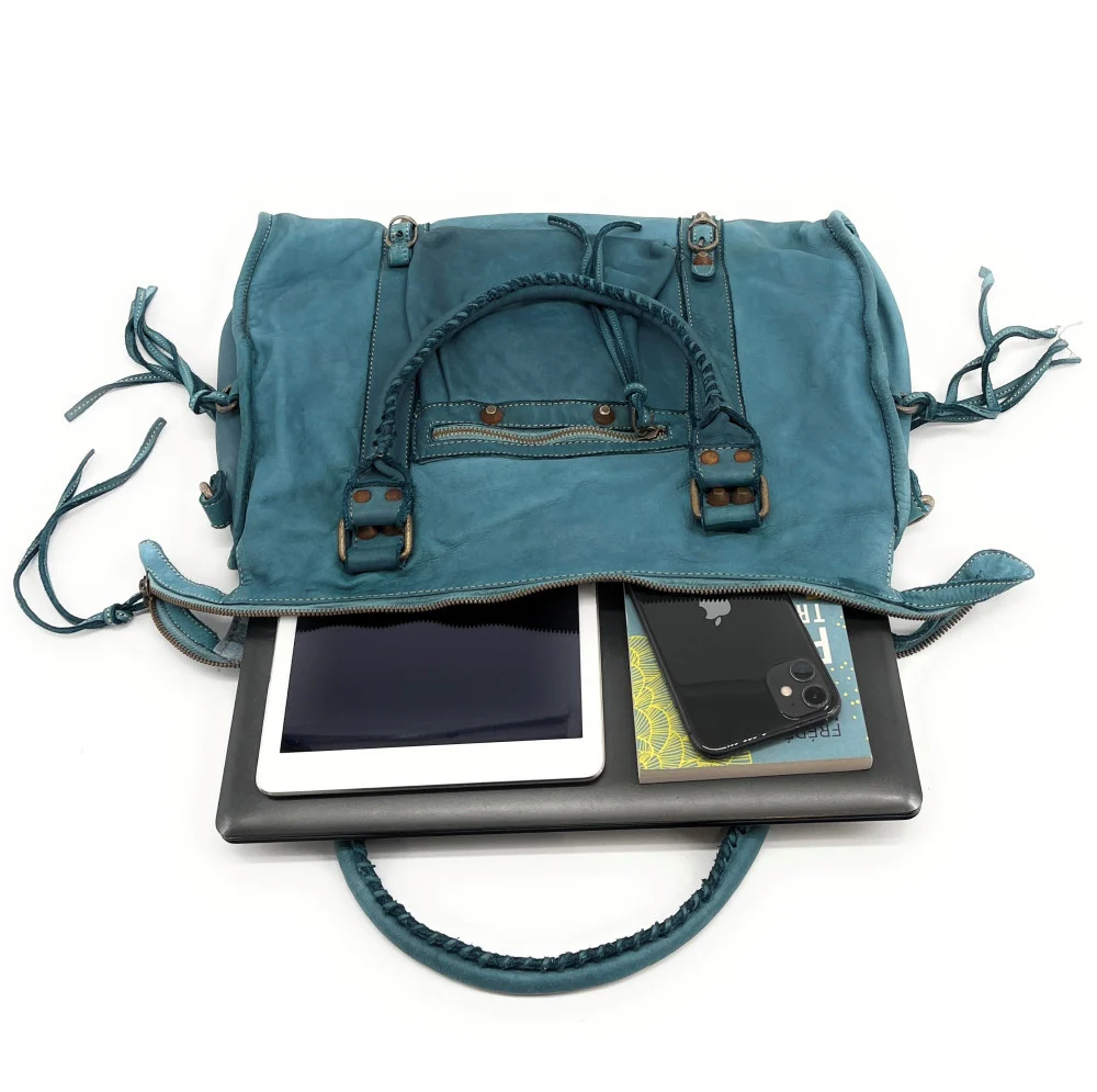 Grand sac porté épaule en cuir vintage STORM XL HURRICAN Bleu vert canard - Image 5