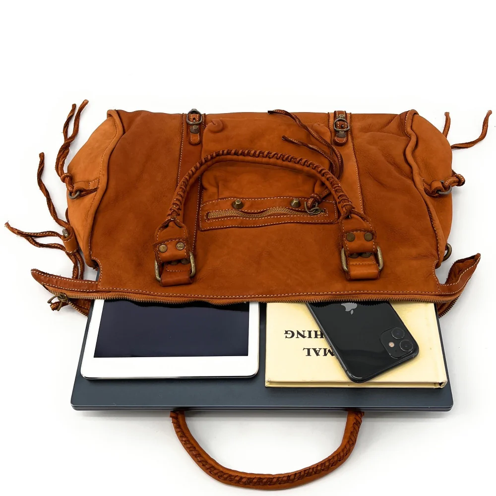 Grand sac porté épaule en cuir vintage STORM XL HURRICAN Camel - Image 4